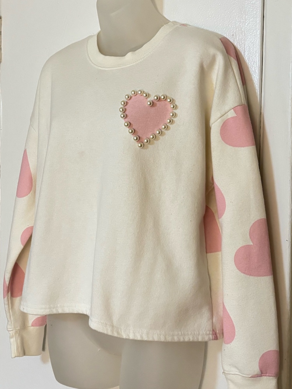 Luxxfleece Sweatshirt With Pearl Heart On Front Pink Hearts on Sleeves& Back SXL